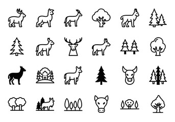 Fototapeta premium Set of wild forest animals and nature line icons, including deer, stag, elk, and trees. Simple vector graphic symbols for wildlife concepts