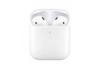 White wireless earbuds in charging case with transparent background