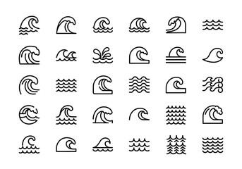 Set of wave line icons. Collection of simple ocean, sea, and water symbols for surf, tide, and aquatic elements. Vector graphic design illustration