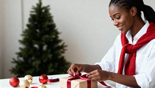 Smiling young Black woman wrapping a Christmas box with a red ribbon. Festive holiday preparation at home with a tree in the background
