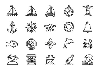 Set of nautical line icons with sailboat, anchor, lighthouse, and marine life symbols. Vector collection for sea travel and adventure themes © Adam