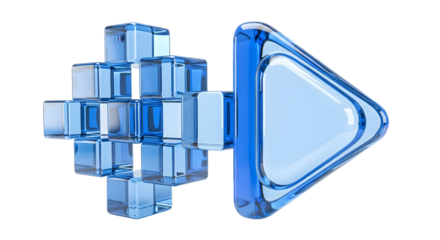 Blue glass cubes forming a plus sign with a play button