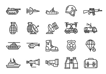 Fototapeta premium Vector icon set of armed forces and defense symbols. Outline illustrations of military transportation, weapons, and technology