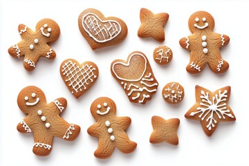 Assortment of gingerbread cookies in various shapes with white icing, arranged on white background.