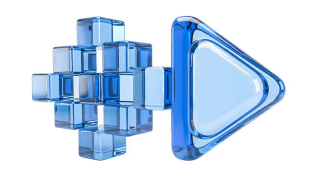 Blue glass cubes forming a plus sign with a play button