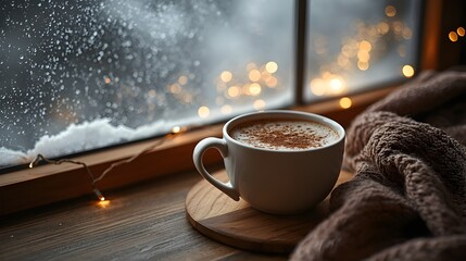 Obraz premium Cozy Winter Christmas Coffee by the Frosted Window fairy lights falling snow 