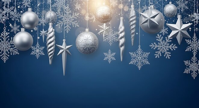 Silver christmas ornaments and snowflakes hanging on a blue background - Powered by Adobe