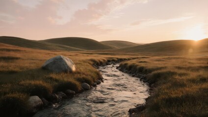 Fototapeta premium A serene landscape featuring a flowing stream through rolling hills under a soft sunset