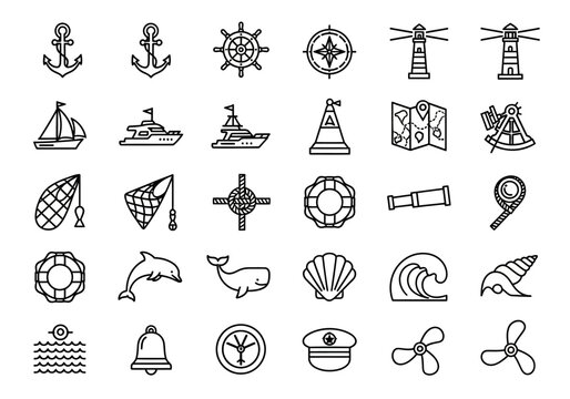 Set of nautical line icons featuring sea and sailing symbols. Vector collection of maritime elements like anchor, boat, and lighthouse for design erty (139)