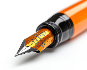 Detailed macro image of a luxurious gold and black fountain pen nib with intricate patterns isolated on a pure white background for graphic resources