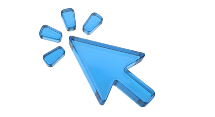 A bright blue cursor icon, representing a click or selection, with radiating light effect