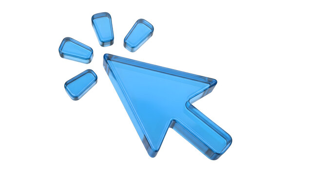 A bright blue cursor icon, representing a click or selection, with radiating light effect