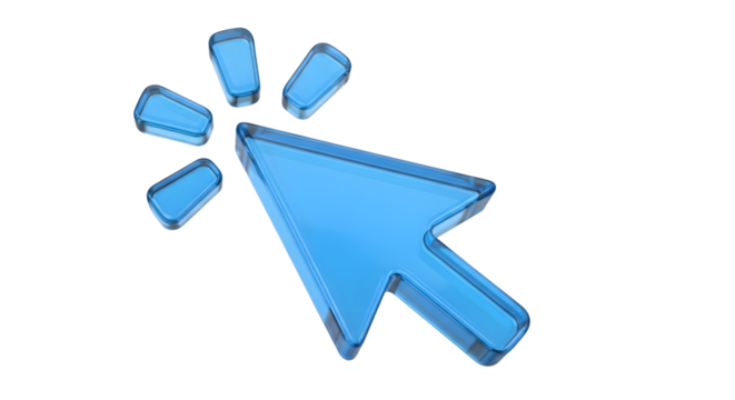 A bright blue cursor icon, representing a click or selection, with radiating light effect