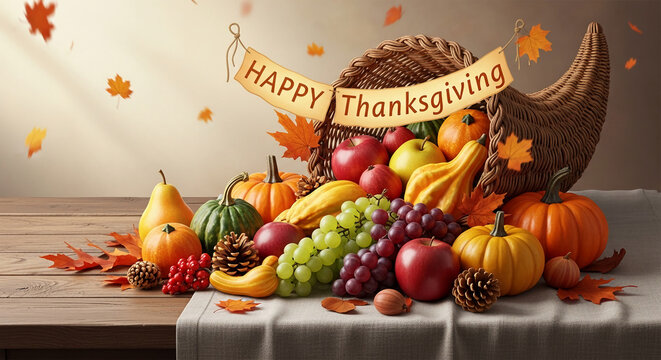 Wicker cornucopia full of fruit and vegetable, Thanksgiving banner, and autumn leaves on table. Festive harvest, abundance, gratitude theme