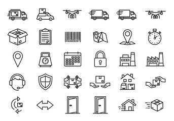 Thin line icons set for logistics and delivery services, representing shipping, e-commerce, warehouse operations, and secure package tracking for property