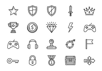 A detailed collection of line art gaming icons representing rewards, achievements, and gameplay elements for user interface design erty (151)
