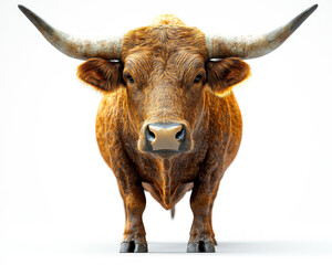 Hyperrealistic Front View of Bull Isolated on Pure White Background with Prominent Horns