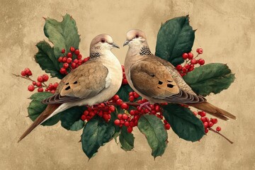 Naklejka premium Artistic Representation of Two Turtle Doves Celebrating the 12 Days of Christmas