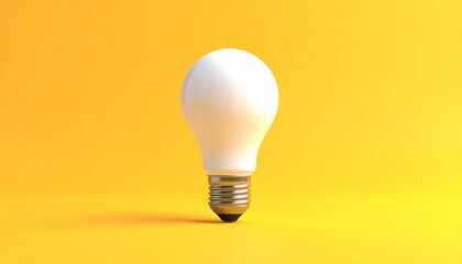 White incandescent light bulb upright on solid yellow background with high contrast and glossy reflections