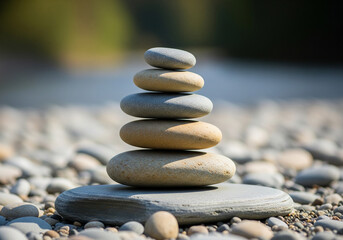 A serene stack of smooth river stones carefully balanced to create a natural cairn. This peaceful mineral formation represents harmony, wellness, and meditative calm in a natural outdoor setting
