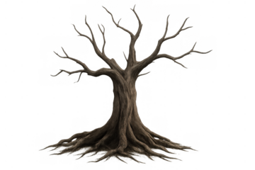 Dead tree with thick trunk and sprawling roots, leafless branches creating a spooky silhouette, isolated object