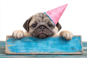 Adorable Pug Puppy Celebrating with Festive Hip Hip Hooray Banner and Blue Wooden Sign on White Background