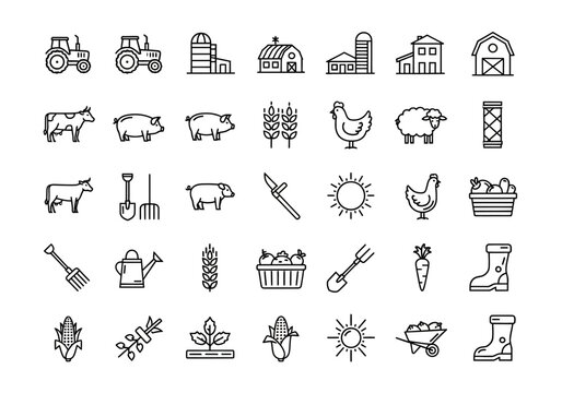 Comprehensive set of agriculture and farming thin line icons. Vector symbols for farm life, livestock, and crops collection 202