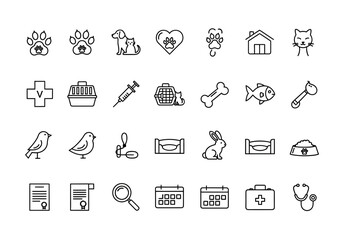 Veterinary clinic and pet care icon collection. Minimalist line art symbols for animal hospital, grooming, and pet shop services vector set