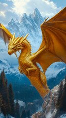 Golden Dragon Soaring Over Snow-Capped Mountains in Majestic Fantasy Landscape Art
