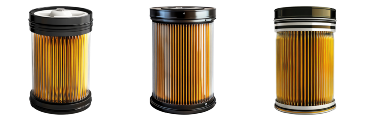 Three cylindrical air filters with a black top and bottom, the interior features orange filter media