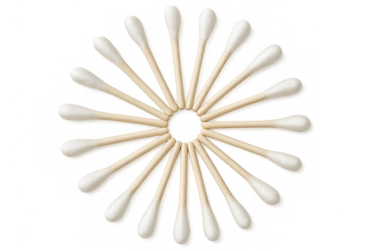 Cotton swabs forming circular pattern on transparent background