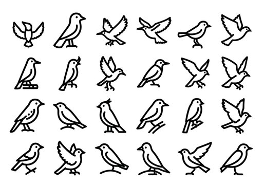 A diverse collection of bird icons in various poses, designed as a simple black line art vector set for creative projects