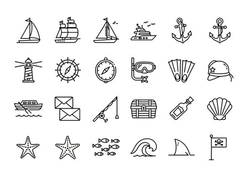 Nautical adventure and sea voyage thin line icon set. Features ship, anchor, lighthouse, and ocean elements for web and graphic design erty (234)