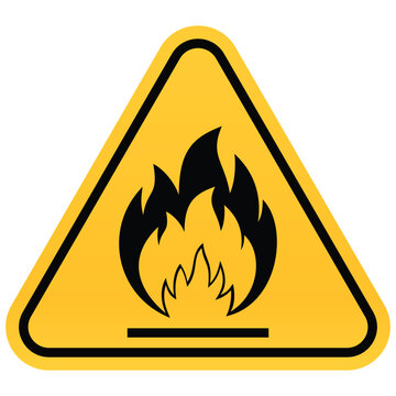 Flammable hazard warning sign vector illustration of a yellow triangle with a fire symbol isolated on white background