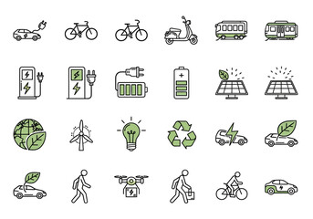 Collection of line icons for sustainable technology and green transport. Vector symbols for electric vehicles, renewable energy, and eco concepts