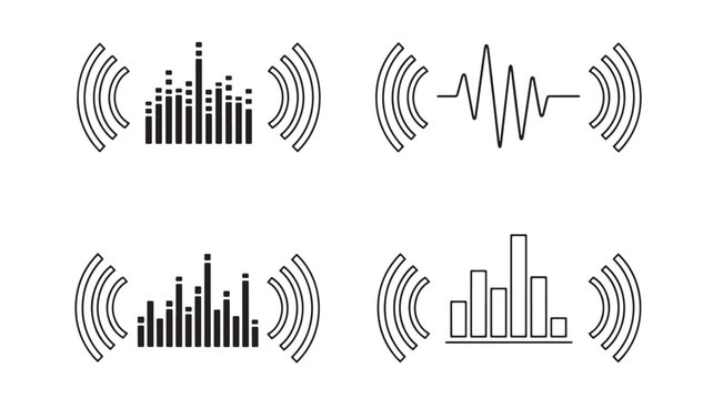 this image displays four distinct black line art icons representing sound waves and audio signals on transparent background silhouette high quality professional detailed modern elegant stylish