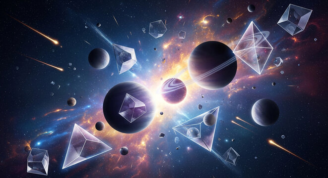 Abstract digital artwork featuring celestial objects like planets, crystals, and cosmic elements, creating a visually stunning space scene