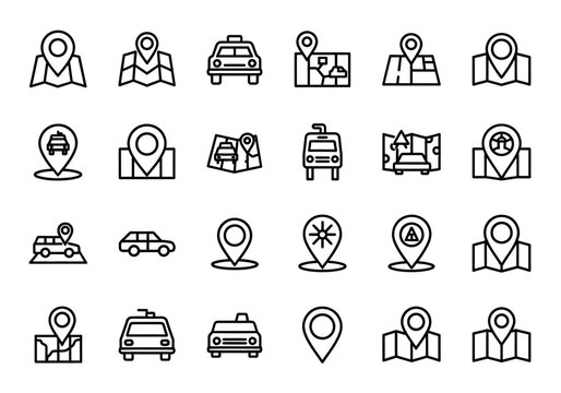 Set of thin line icons for maps and navigation, featuring location pointers, travel routes, and transport symbols like cars and taxis erty (259)