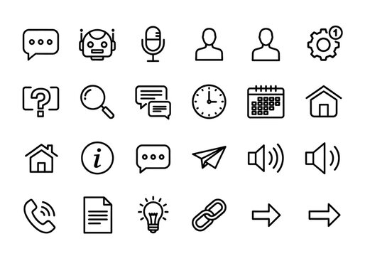 Set of 24 linear style universal pictograms for website and app interface design, covering communication and technology concepts. erty (258) collection