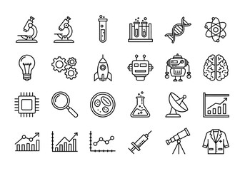 Set of thin line icons for science, technology, and research. Vector symbols for laboratory, innovation, and data analysis
