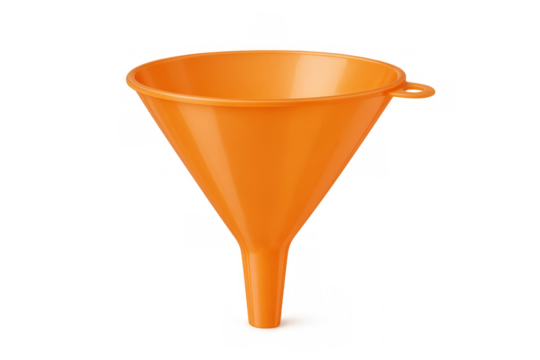 Orange plastic kitchen funnel pouring liquid transparent background - Powered by Adobe