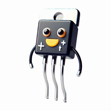 Cute 3D Character of a Voltage Regulator in Black and Silver Walking and Smiling to Represent Power Electronics Icon