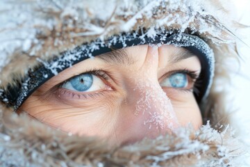 This striking close-up reveals an explorer's blue eyes encased in frost, set against a backdrop of snow, embodying the essence of adventure and the harsh beauty of winter landscapes.