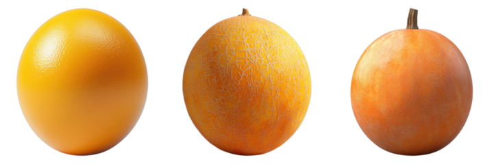 A trio of ripe cantaloupes in varying shades, perfect for a fresh, healthy treat. Showcasing different stages of ripeness and delightful colors