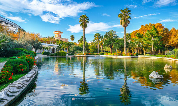 Scenic View of Turia Gardens in Valencia Spain with Palm Trees, Reflection in Pond, and Blue Sky on a Sunny Day, Perfect Tranquil Spot for Leisure and Nature Photography