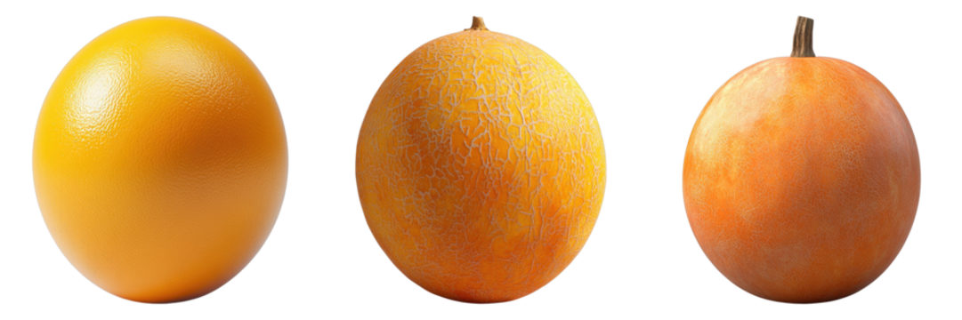 A trio of ripe cantaloupes in varying shades, perfect for a fresh, healthy treat. Showcasing different stages of ripeness and delightful colors