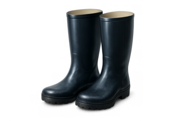 Pair of black rubber rain boots standing on transparent