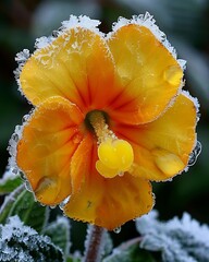 A striking yellow flower adorned with delicate frost illustrates the juxtaposition of life and winter's chill, symbolizing resilience and beauty amid the harshness of the season.