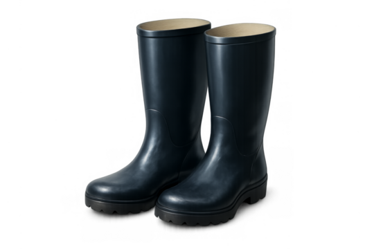 Pair of black rubber rain boots standing on transparent