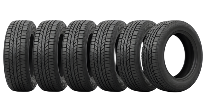 A set of six new car tires arranged in a row - Powered by Adobe